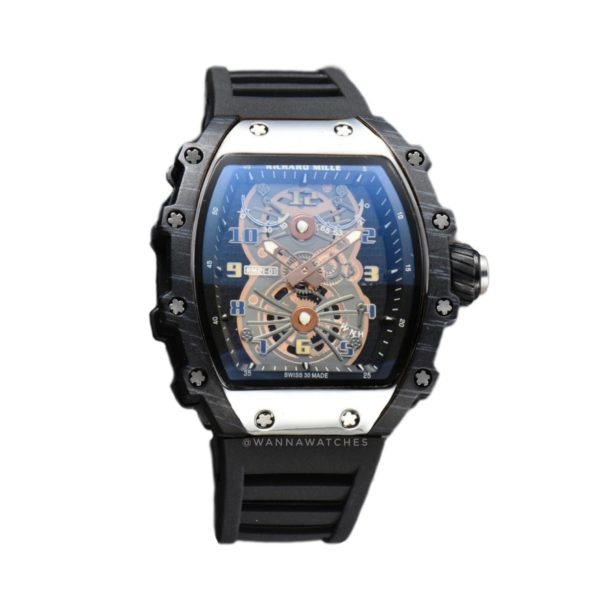Richard Mille RM 21-01 Negro Completo Bisel Plateado Correa Negra