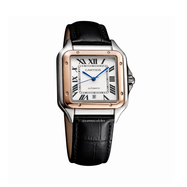 Cartier Santos Dumont 36 Plateado Bisel Oro Rosa Dial Blanca Correa Negra