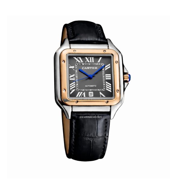 Cartier Santos Dumont 36 Plateado Bisel Oro Rosa Dial Negro Correa Negro