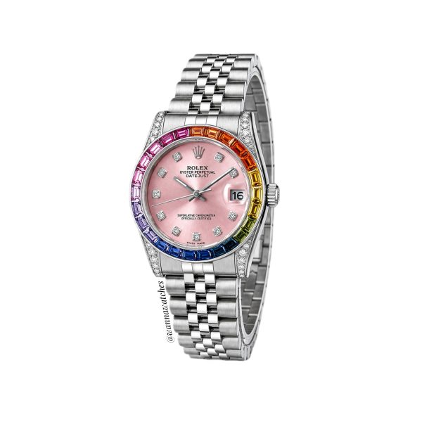 Rolex Lady-Datejust 30 Jubilee Plateado Bizel Rainbow Esfera Rosa