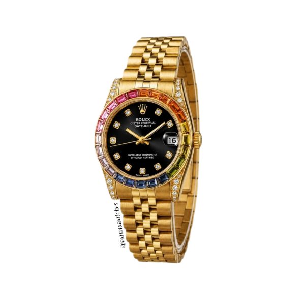 Rolex Lady-Datejust 30 Jubilee Dorado Bizel Rainbow Esfera Negra