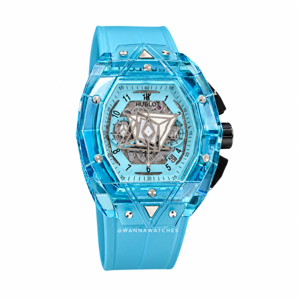 Hublot Spirit of Big Bang Sang Bleu 43 cronógrafo azul con caja transparente y correa celeste