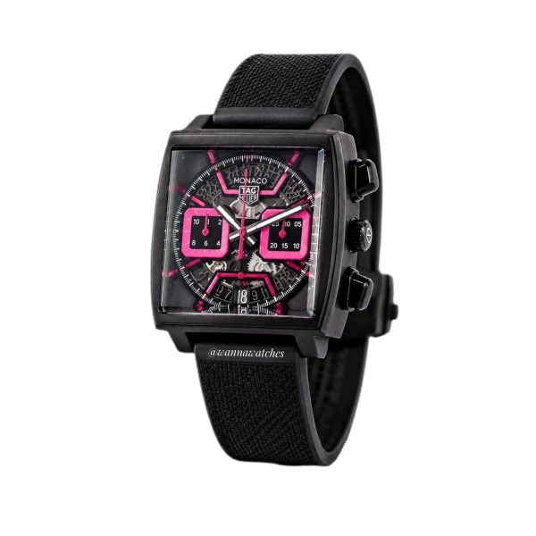 Tag Heuer Monaco 40 Cronografo «Skeleton Pink Neon» Correa Textil Negra