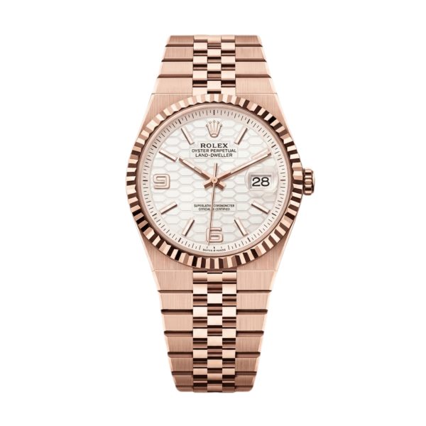 Rolex Land-Dweller 40 Oro Rosa Esfera Blanca Brazalete Flat Jubilee Automatico AAA