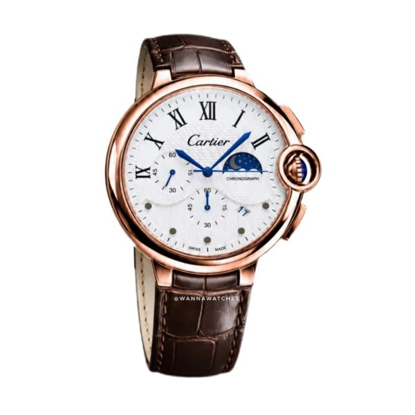 Cartier Ballon Bleu 45 Crono Ventana Fase Oro Rosa Esfera Blanca Correa Marron