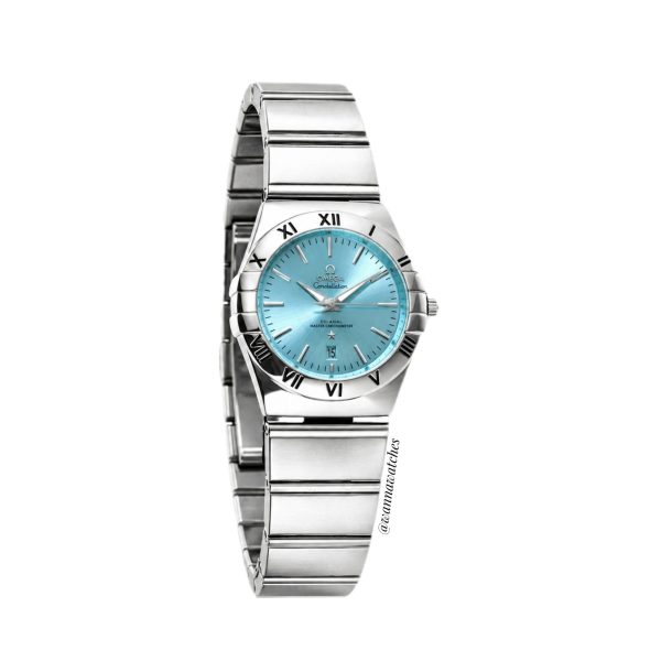 Omega Constellation 28 Plateado Completo Bisel y Esfera Azul Hielo