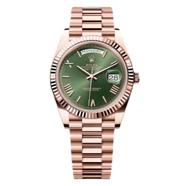 Rolex Day-Date 40 Oro Rosa Esfera Verde Olivo Romanos Automatico AAA