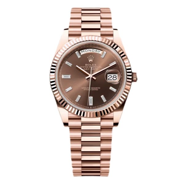 Rolex Day-Date 40 Oro Rosa Esfera Chocolate Baguette Automatico AAA