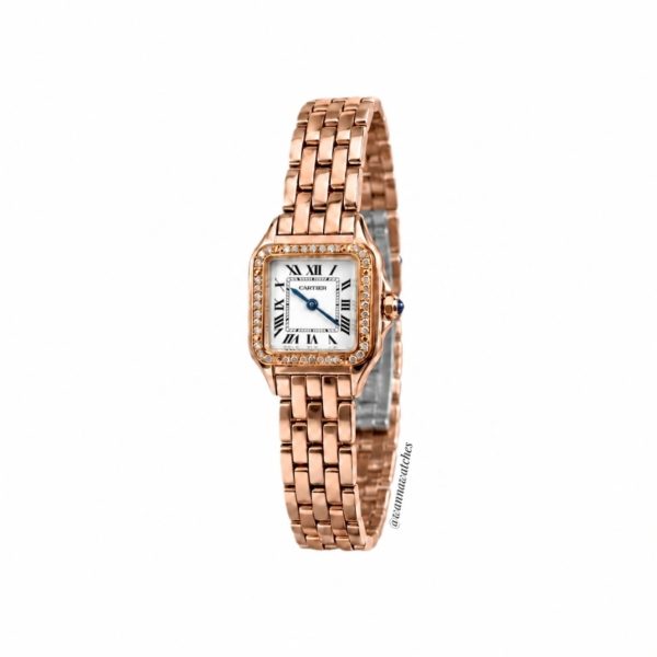 Cartier Pantera pequeño oro rosa con esfera blanca y bisel con incrustaciones
