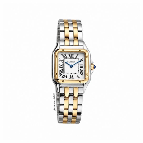 Cartier Pantera mediano 36×27 plateado oro amarillo esfera blanca bisel liso