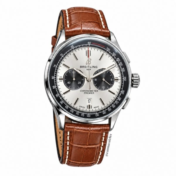Breitling Premier 44 Cronógrafo Plateado Esfera Plata Correa Marron