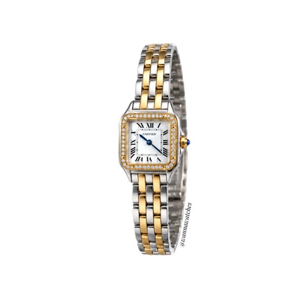 Cartier Pantera Pequeño 30×22 Plateado Dorado Esfera Blanca Bisel Con Incrustaciónes