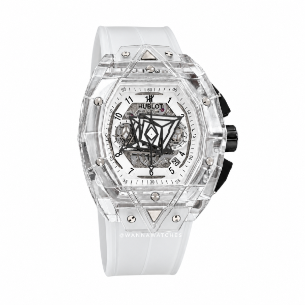 Hublot Spirit of Big Bang Sang Bleu 43 cronógrafo blanco con caja transparente y correa blanca